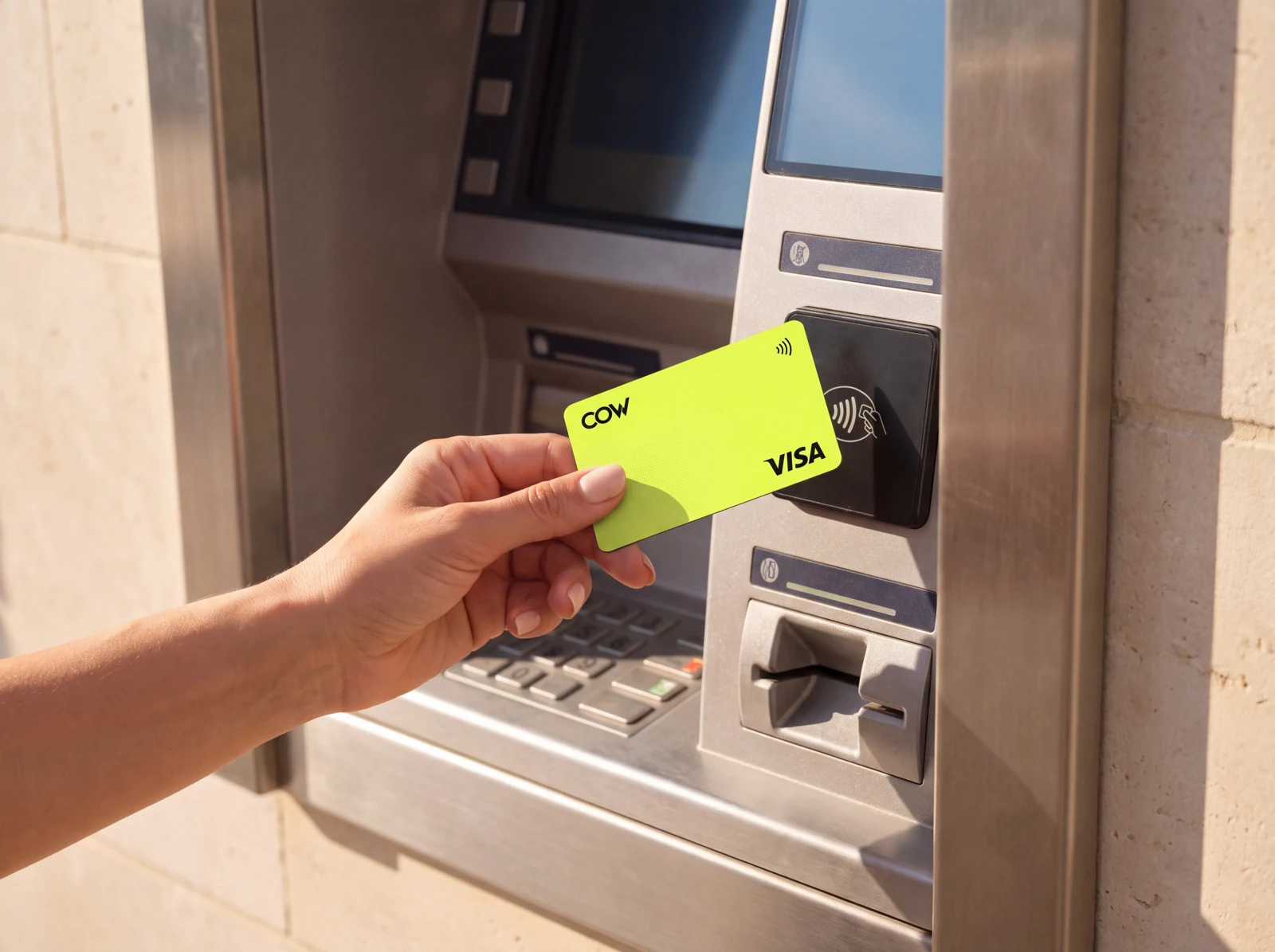 A CowCard held near an ATM contactless reader